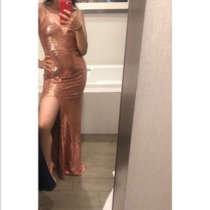 Long side slit sequences rose gold dress